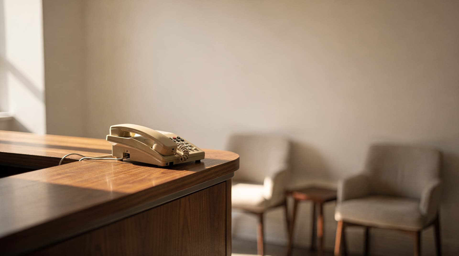Modern dental practice reception with warm morning light and an empty desk phone — the missed-call moment
